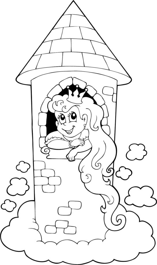 Coloring book happy princess near castle – Online Coloring Page